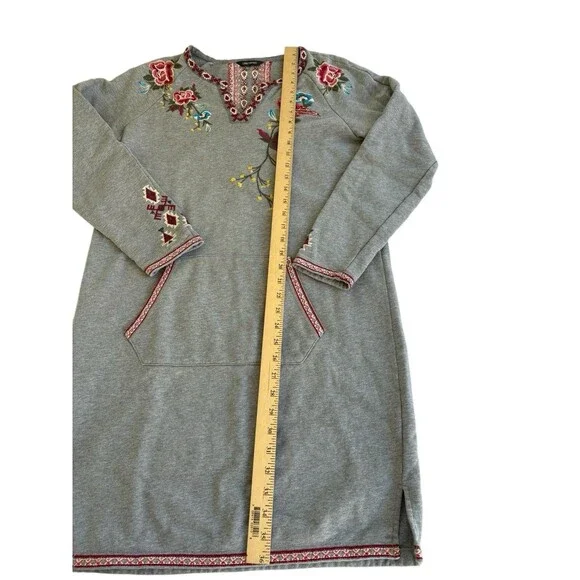 DRIFTWOOD Embroidered Floral Sweatshirt Dress Gray 100%Cotton Size Large